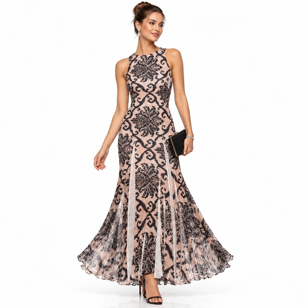 Komarov Dress Women L Beige Damask Pleated Mesh Maxi Special Occasion Elegant